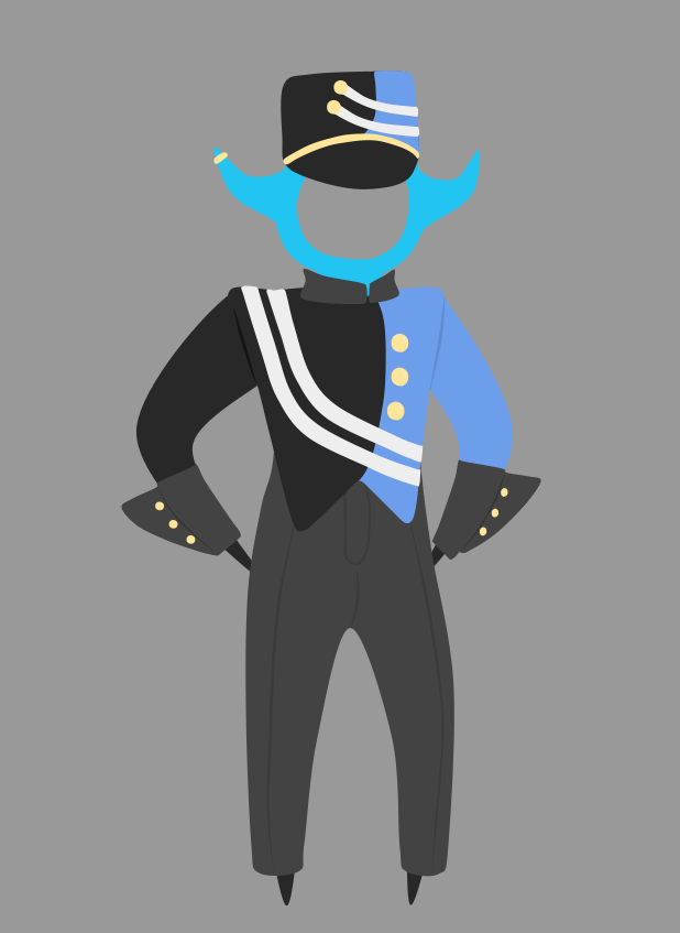 A Geolyte wearing a marching band uniform, consisting of: a blue and black jacket and hat with two white stripes each, dark grey bibbers, and black gauntlets.