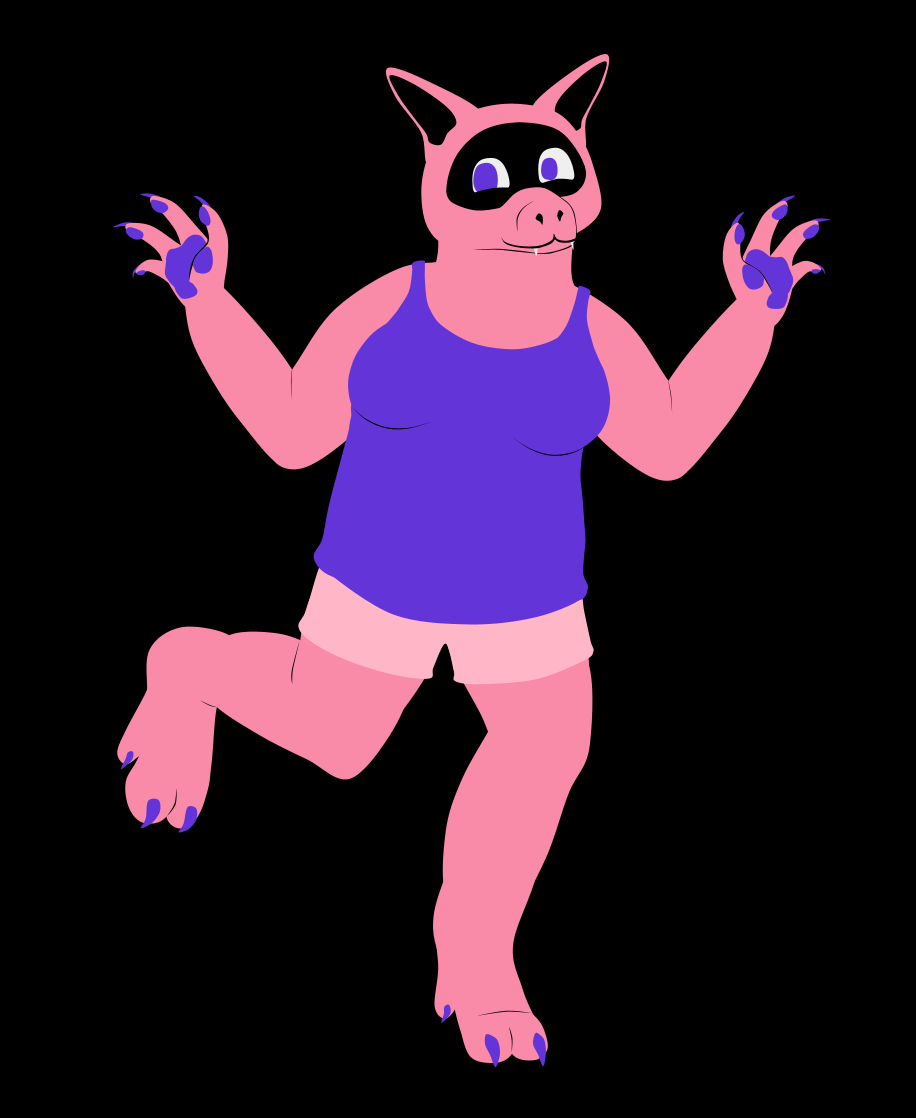 A Limotubian anthro, depicted as a chubby cat-pig hybrid, with claws, two-toed, dewclawed feet, a snout with fangs, and pointed ears. They have pink skin with indigo claws, pupils, and paw-pads. Their pupils are unevenly sized. They are wearing an indigo tank top with pale pink shorts. They are posed with one foot off the ground and their hands up, and they are smiling and looking at the camera.