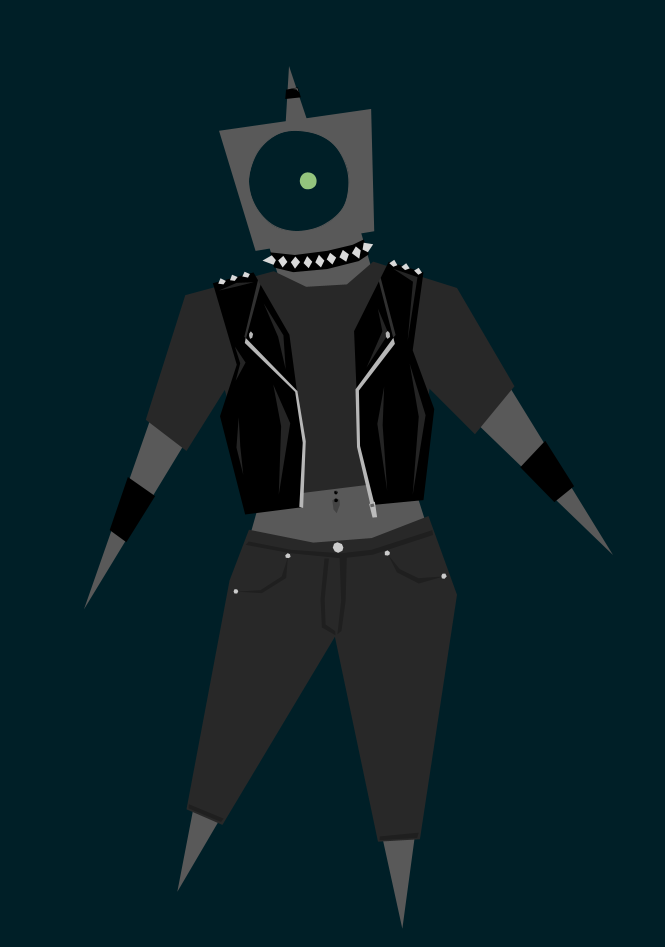 A Gravitase wearing a studded black leather vest, a dark grey crop top, dark grey studded jeans, a spiked black choker, black arm bands, a navel piercing, and a black ring around their head spike.