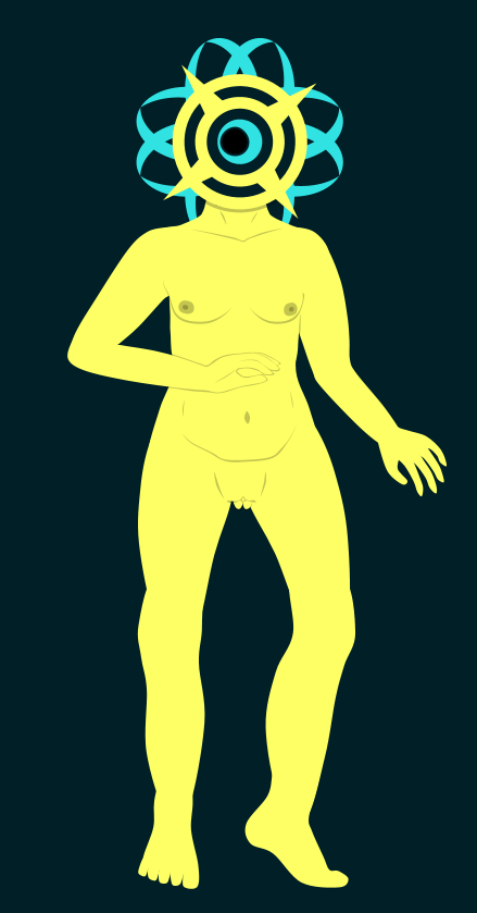 A Lastaral, depicted as a naked person with a vulva and breasts. They have a halo the same color as their eye, and the eye has a pupil that is looking to the left. They are posed on the balls of their feet, with their arms held between their hips and waist.