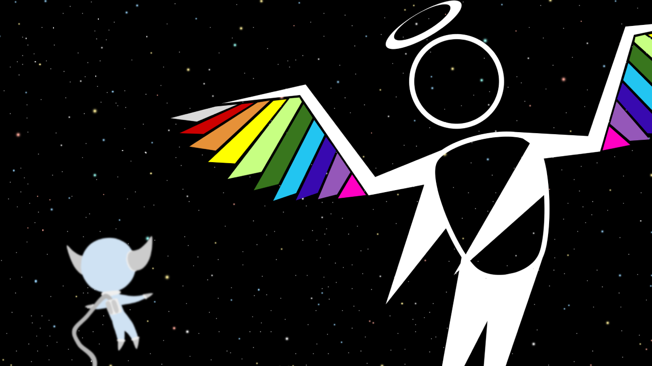 A space scene. In the foreground is a Geolyte in a space suit, out of focus and facing away from the camera. In the middleground, a Hevendorian Sage, depicted as a humanoid with arms, rainbow wings, and a halo. The background is filled with far-away stars.